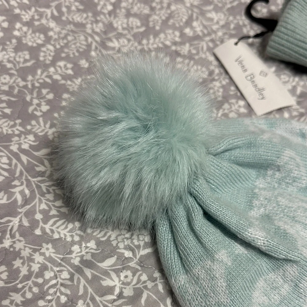 Vera Bradley Light Aqua Pom Beanie & Glove Set